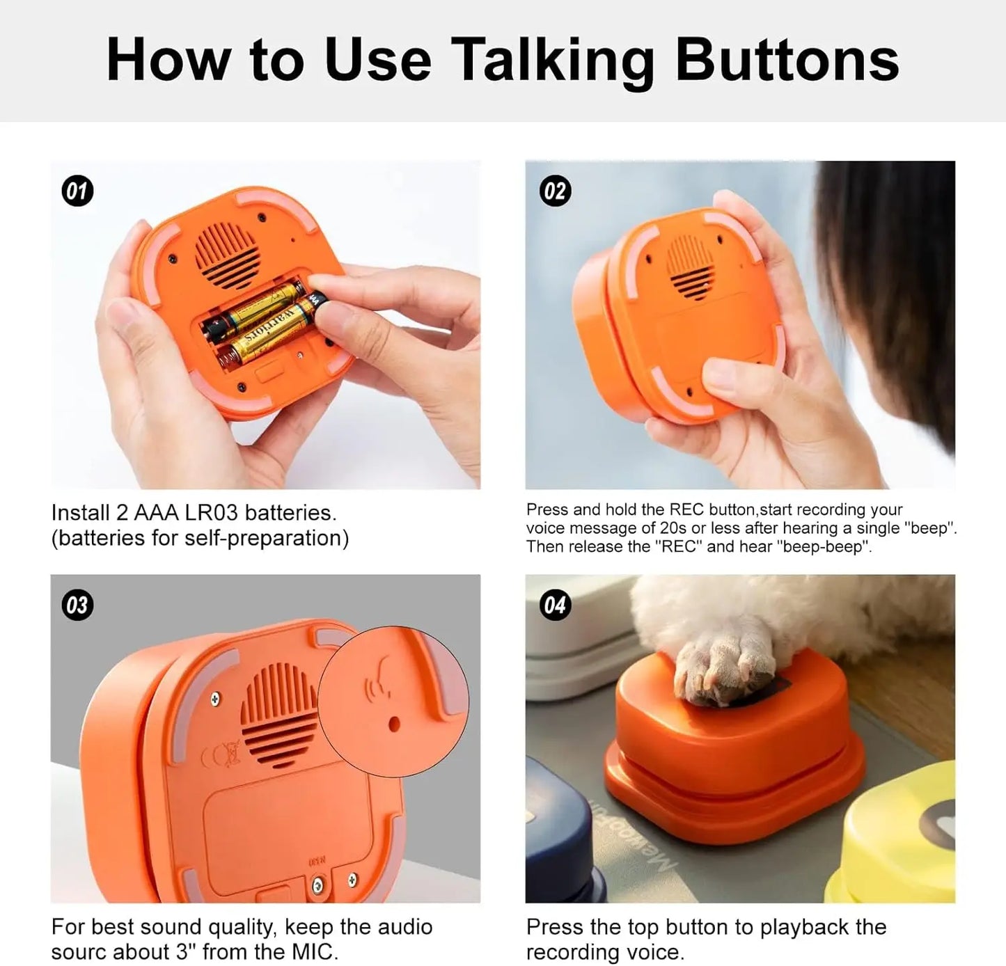 Mewoofun Dog Buttons with Rubber Mat Recordable Talking Buttons Set for Dog Training and Communication