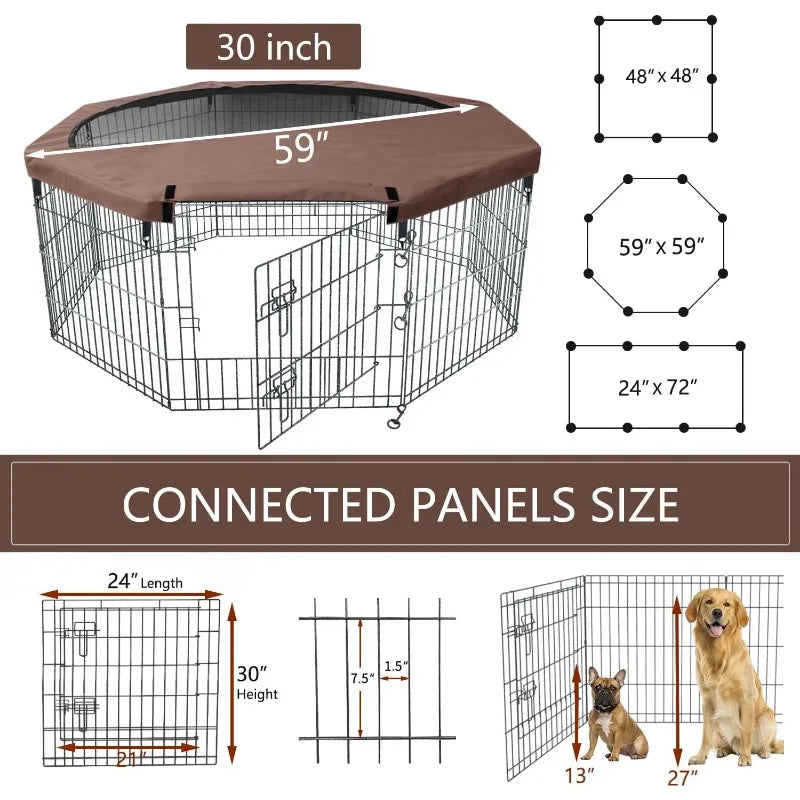 Foldable Silver Metal Dog Exercise Playpen with Top Cover and 8 Panels 30 Inch Height Puppy Kennel Fence for Small Animals