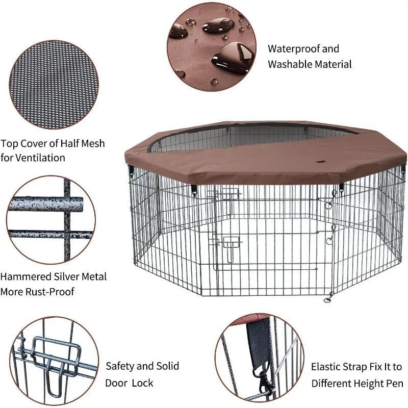 Foldable Silver Metal Dog Exercise Playpen with Top Cover and 8 Panels 30 Inch Height Puppy Kennel Fence for Small Animals