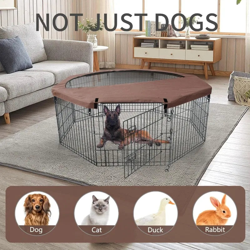 Foldable Silver Metal Dog Exercise Playpen with Top Cover and 8 Panels 30 Inch Height Puppy Kennel Fence for Small Animals