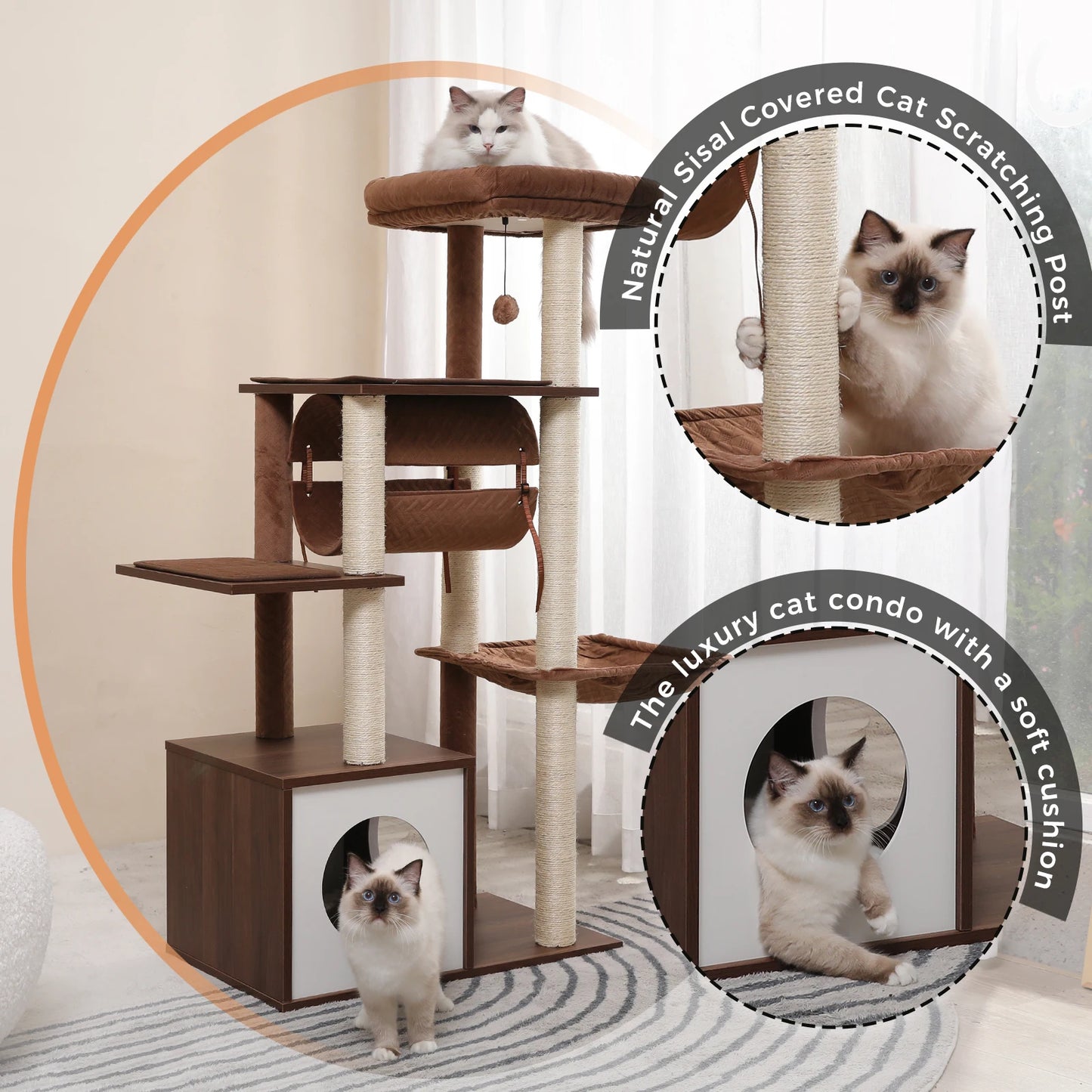 Modern Cat Tree with Cozy Condo and Swing for Indoor Cats