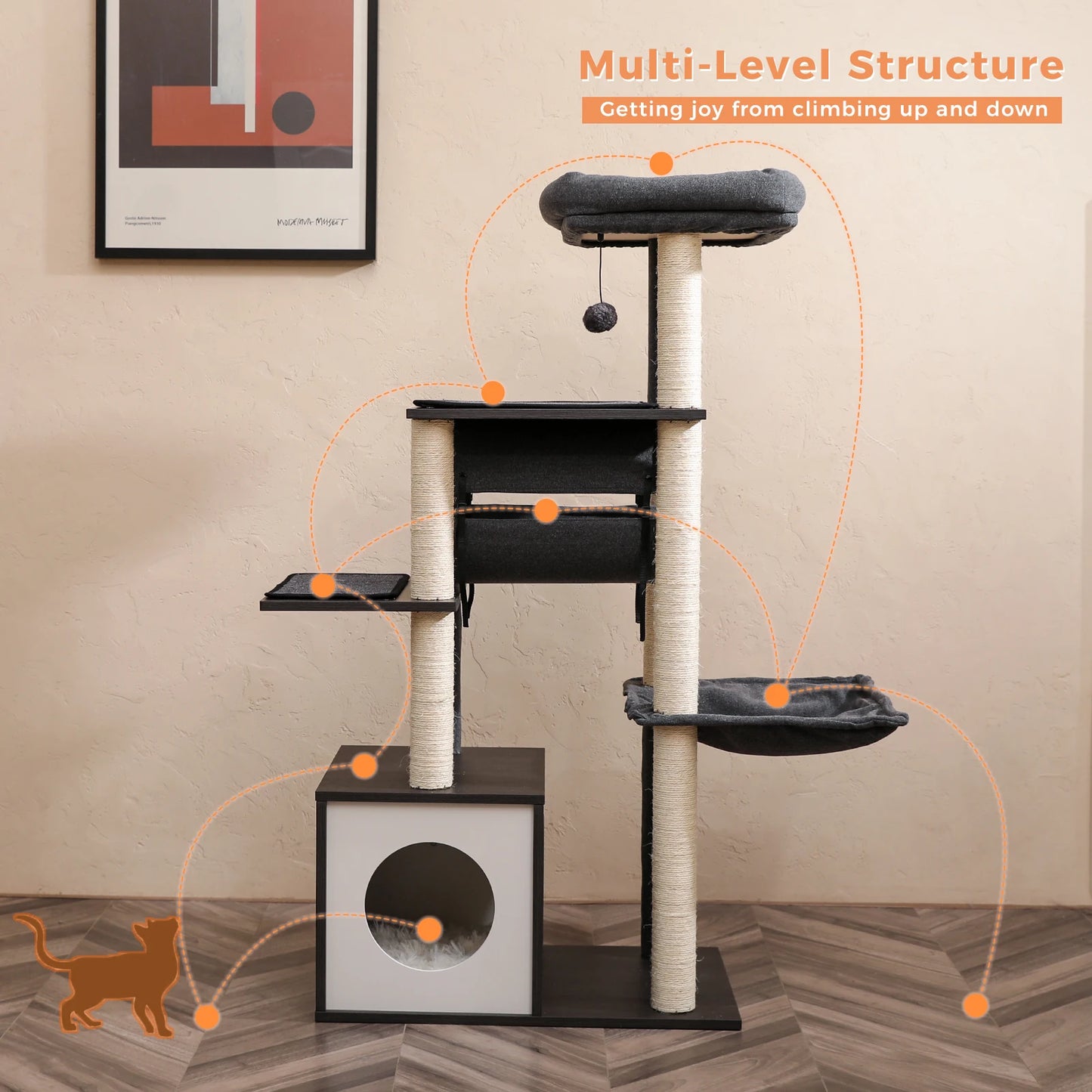 Modern Cat Tree with Cozy Condo and Swing for Indoor Cats
