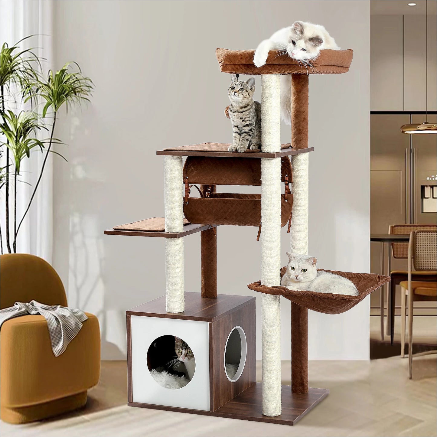 Modern Cat Tree with Cozy Condo and Swing for Indoor Cats