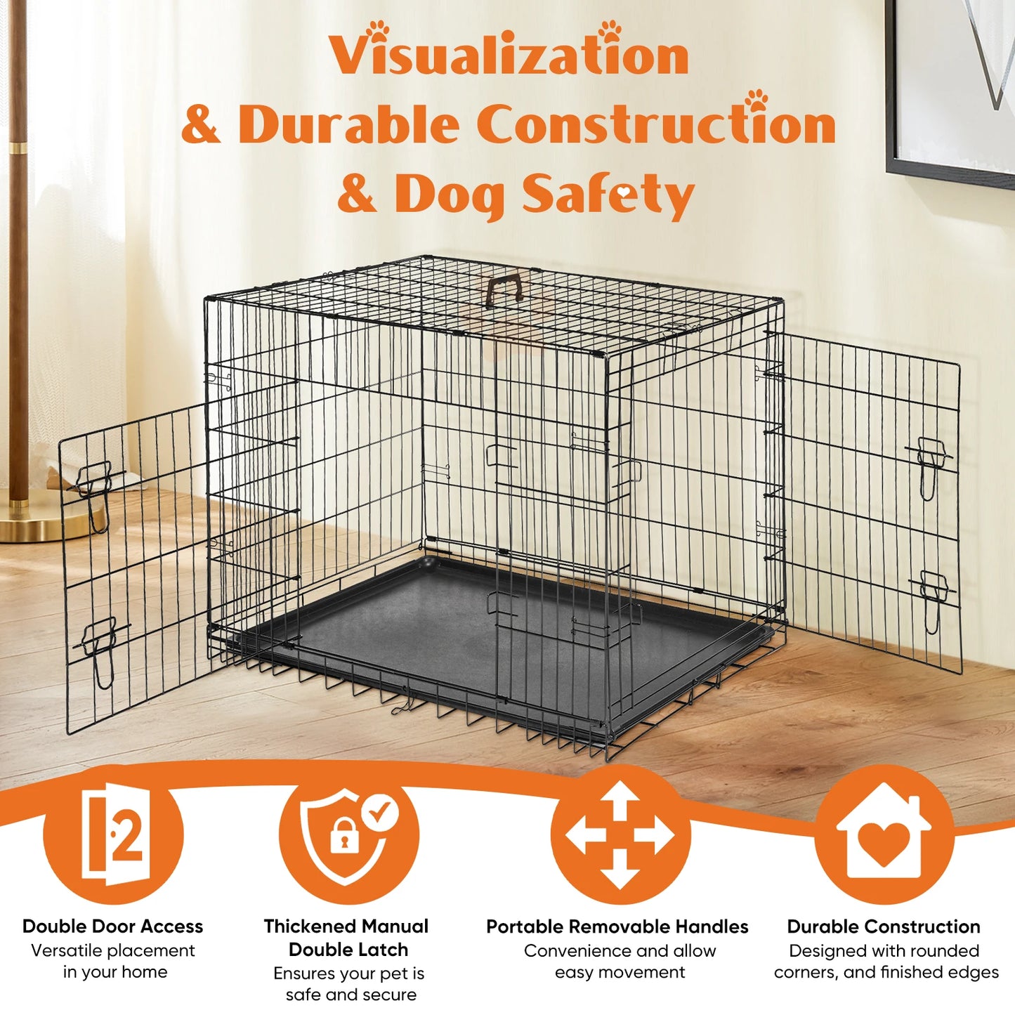JHK Double Door Folding Metal Wire Dog Cage with Leak-Proof Tray