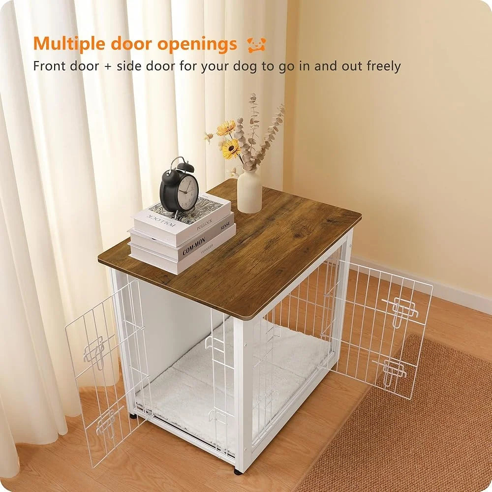 Indoor Wooden Dog Crate Furniture with Cushion Double Door Chew Resistant Stable Design