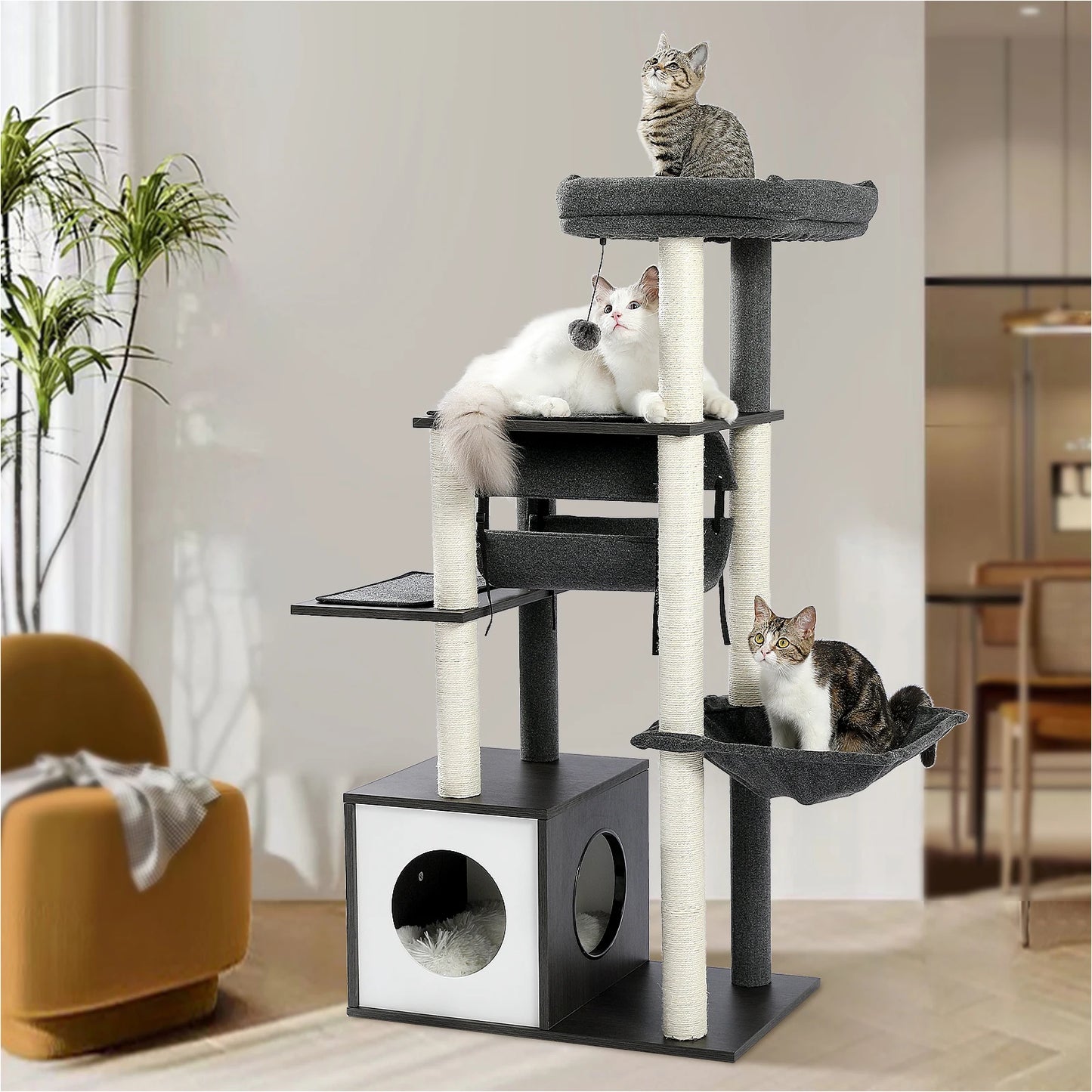 Modern Cat Tree with Cozy Condo and Swing for Indoor Cats
