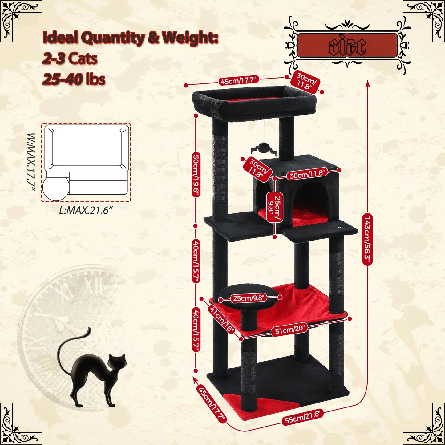 Gothic Cat Tree Tower With Hammock And Cozy Condo