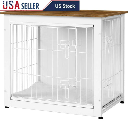 Indoor Wooden Dog Crate Furniture with Cushion Double Door Chew Resistant Stable Design