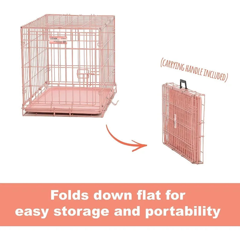 Secure Foldable Pink Metal Dog Crate with Divider Panel
