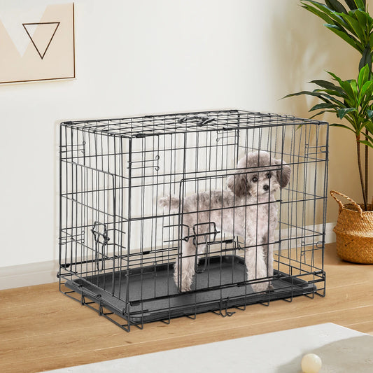 JHK Double Door Folding Metal Wire Dog Cage with Leak-Proof Tray