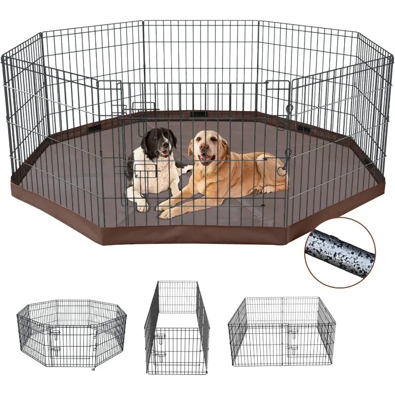 Foldable Silver Metal Dog Exercise Playpen with Top Cover and 8 Panels 30 Inch Height Puppy Kennel Fence for Small Animals