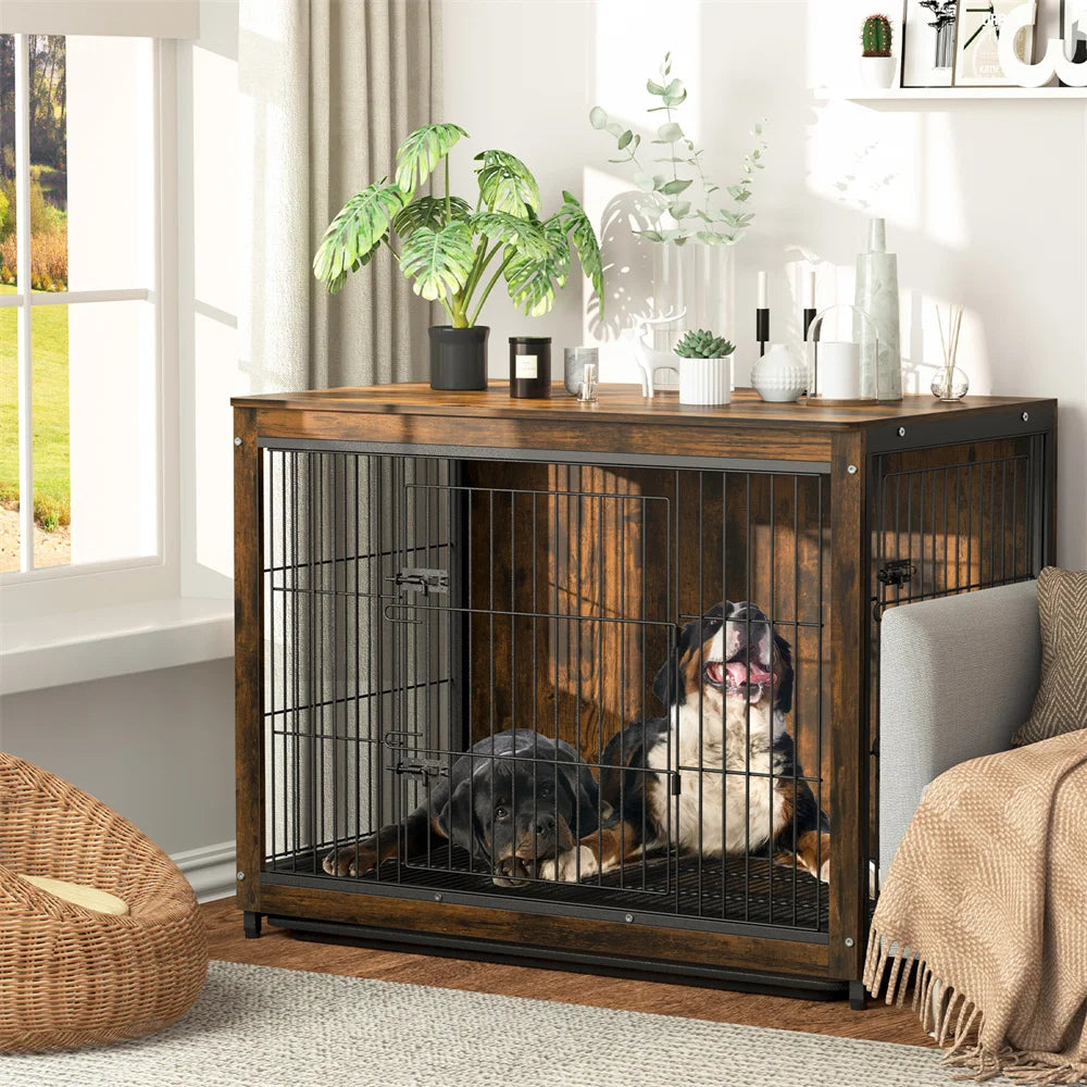 Elevated Wooden Dog Crate and Stylish Side Table Combo