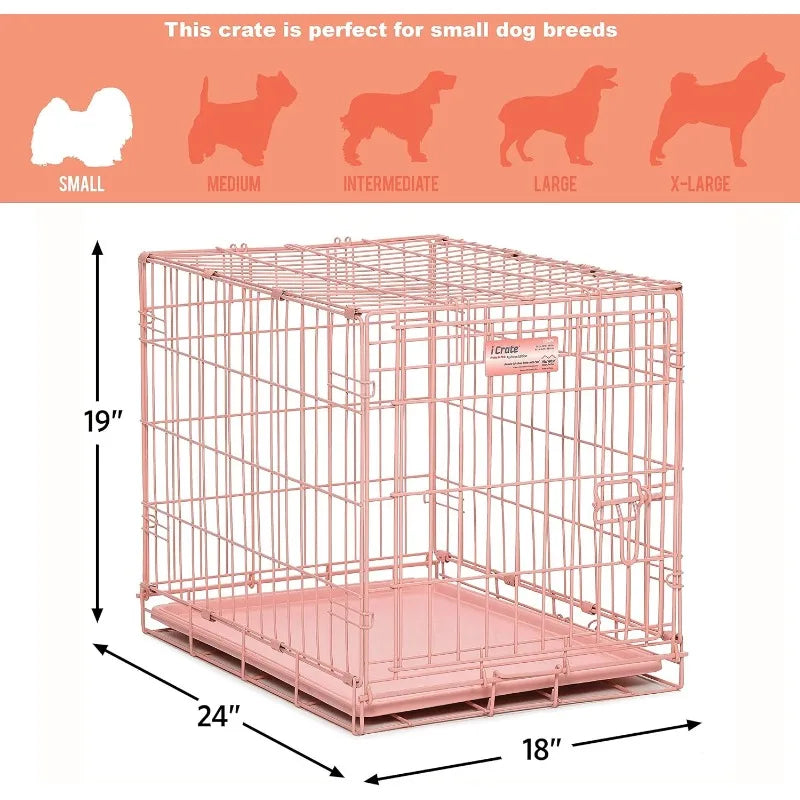 Secure Foldable Pink Metal Dog Crate with Divider Panel