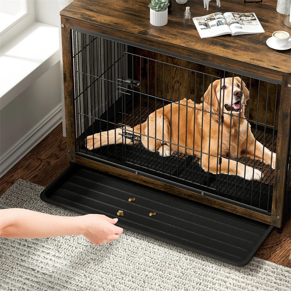 Elevated Wooden Dog Crate and Stylish Side Table Combo
