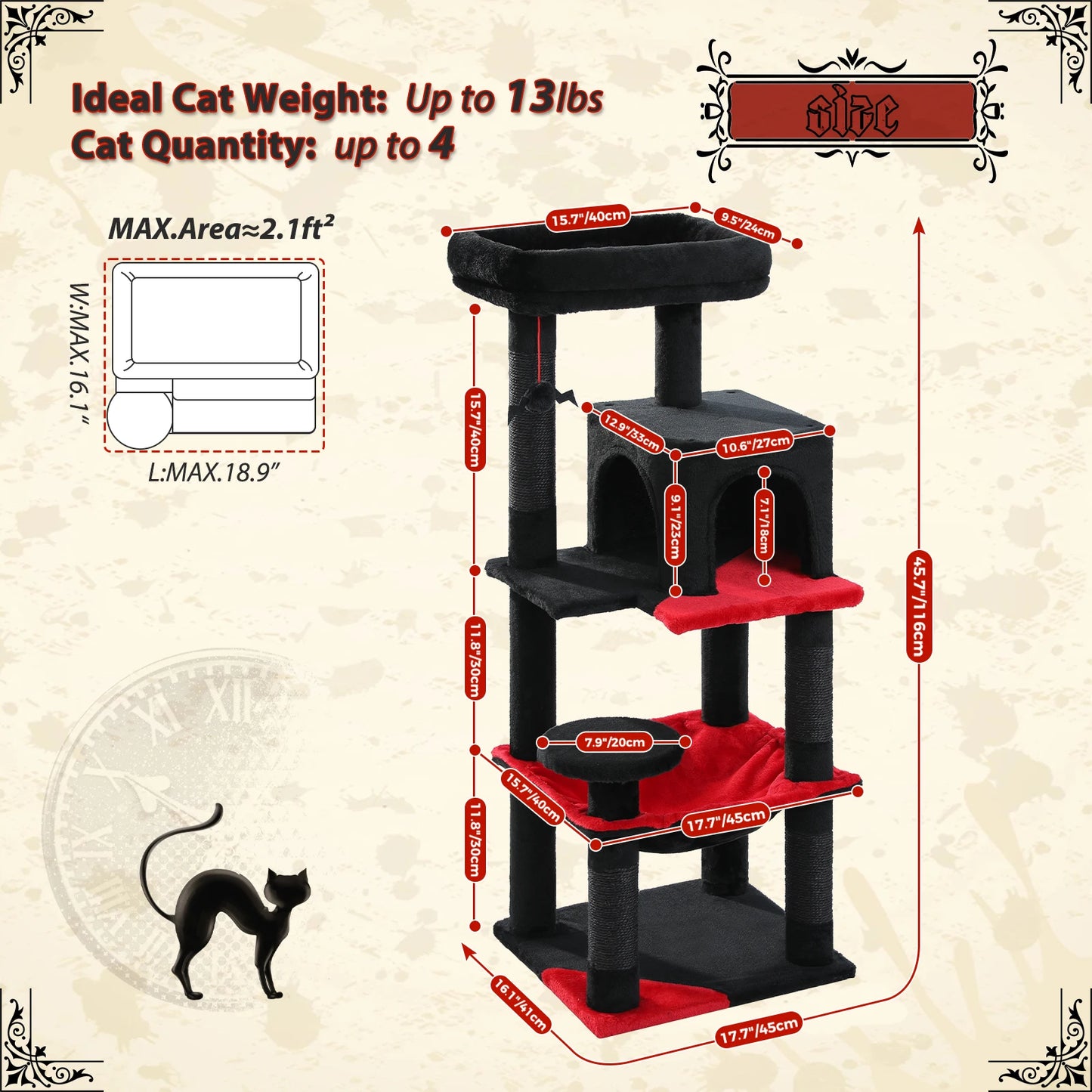 Gothic Cat Tree Tower With Hammock And Cozy Condo