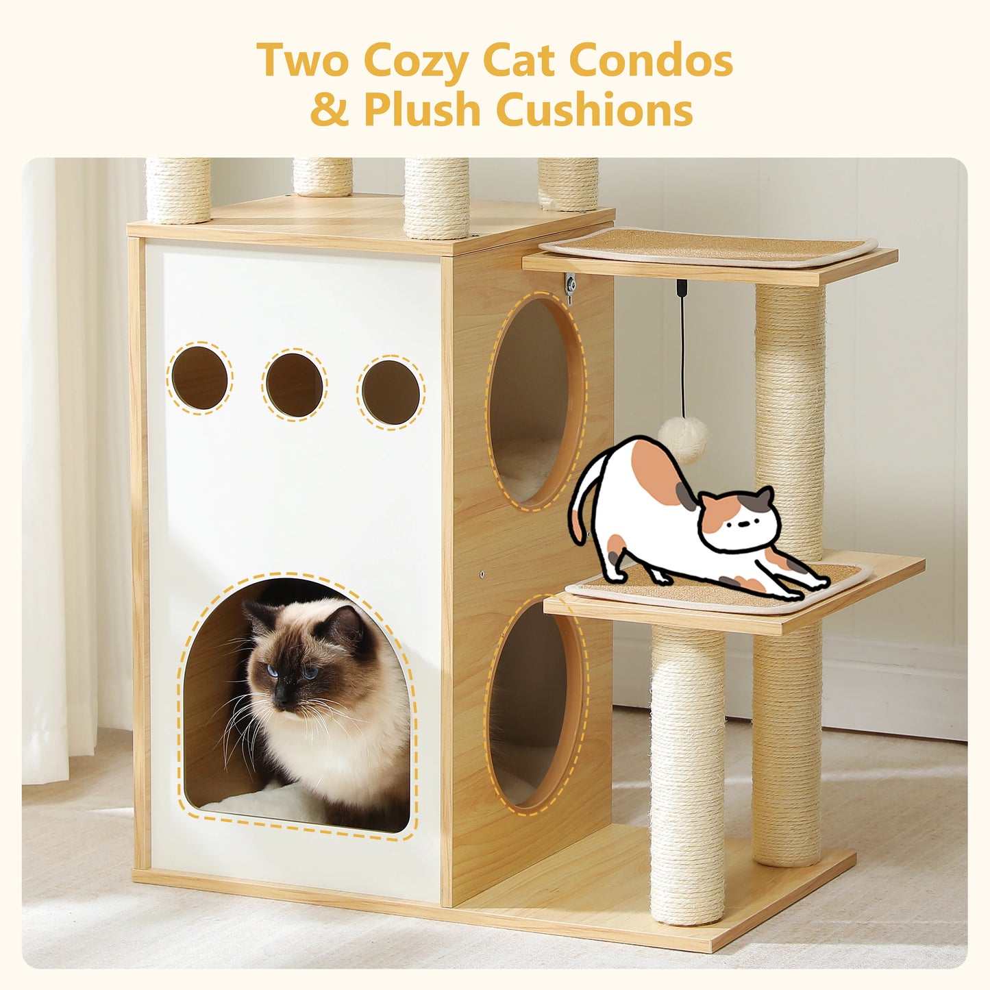 Modern Wooden Cat Tree with Condo and Scratching Posts