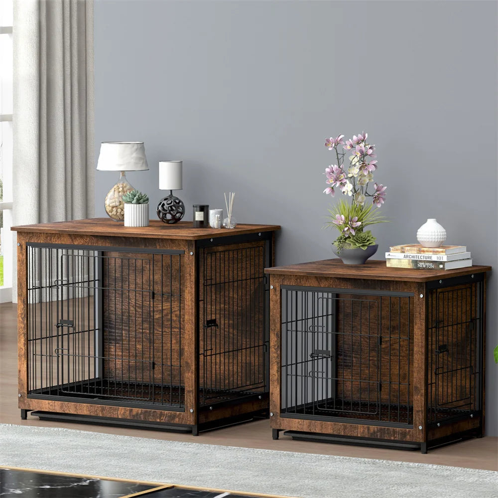 Elevated Wooden Dog Crate and Stylish Side Table Combo