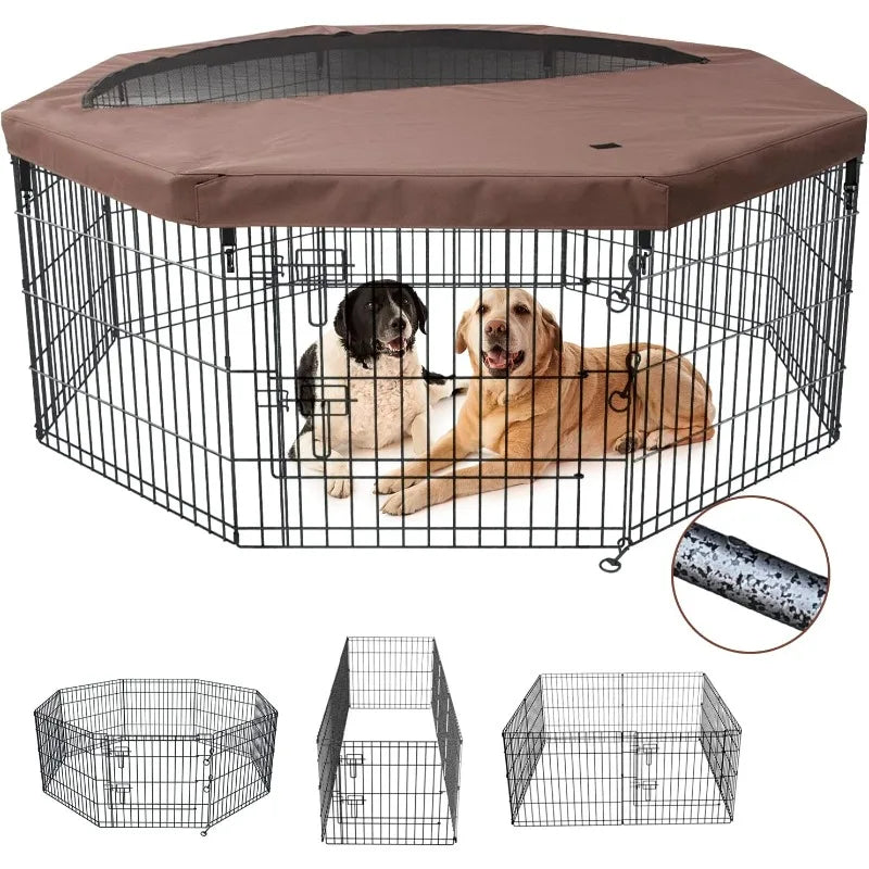 Foldable Silver Metal Dog Exercise Playpen with Top Cover and 8 Panels 30 Inch Height Puppy Kennel Fence for Small Animals
