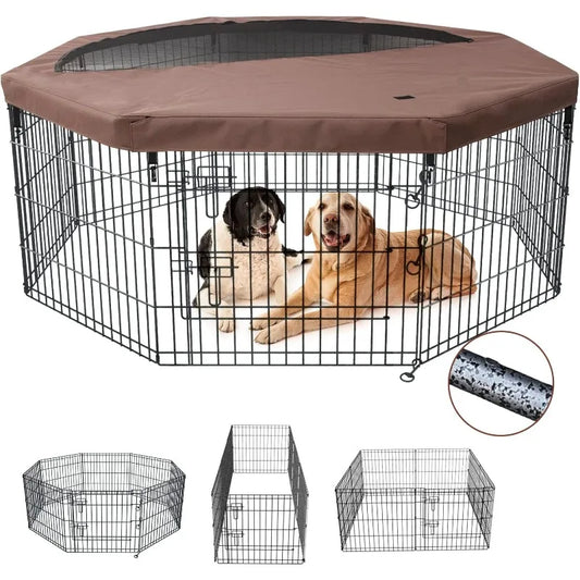 Foldable Silver Metal Dog Exercise Playpen with Top Cover and 8 Panels 30 Inch Height Puppy Kennel Fence for Small Animals