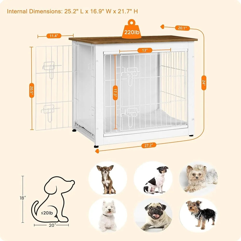 Indoor Wooden Dog Crate Furniture with Cushion Double Door Chew Resistant Stable Design