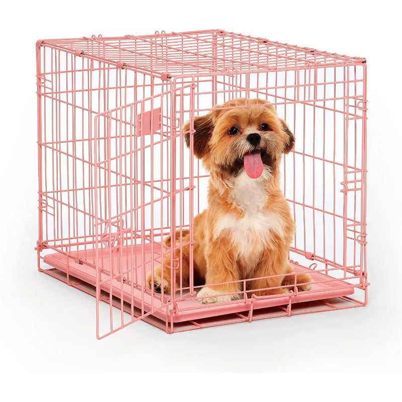 Secure Foldable Pink Metal Dog Crate with Divider Panel