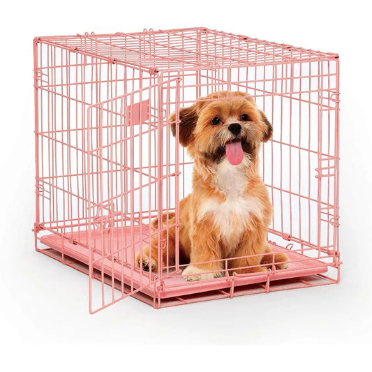 Secure Foldable Pink Metal Dog Crate with Divider Panel