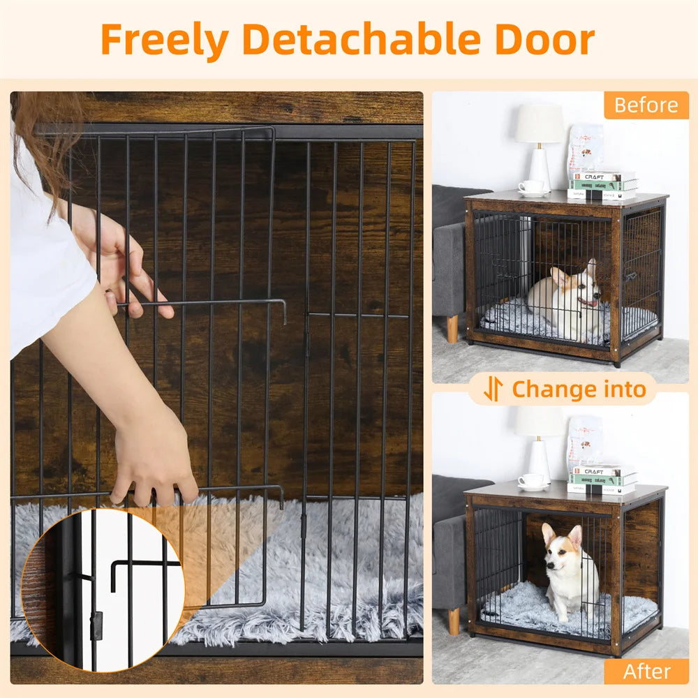 Elevated Wooden Dog Crate and Stylish Side Table Combo