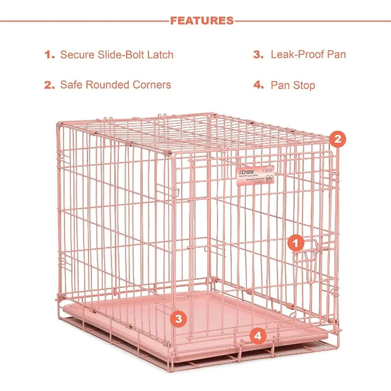 Secure Foldable Pink Metal Dog Crate with Divider Panel