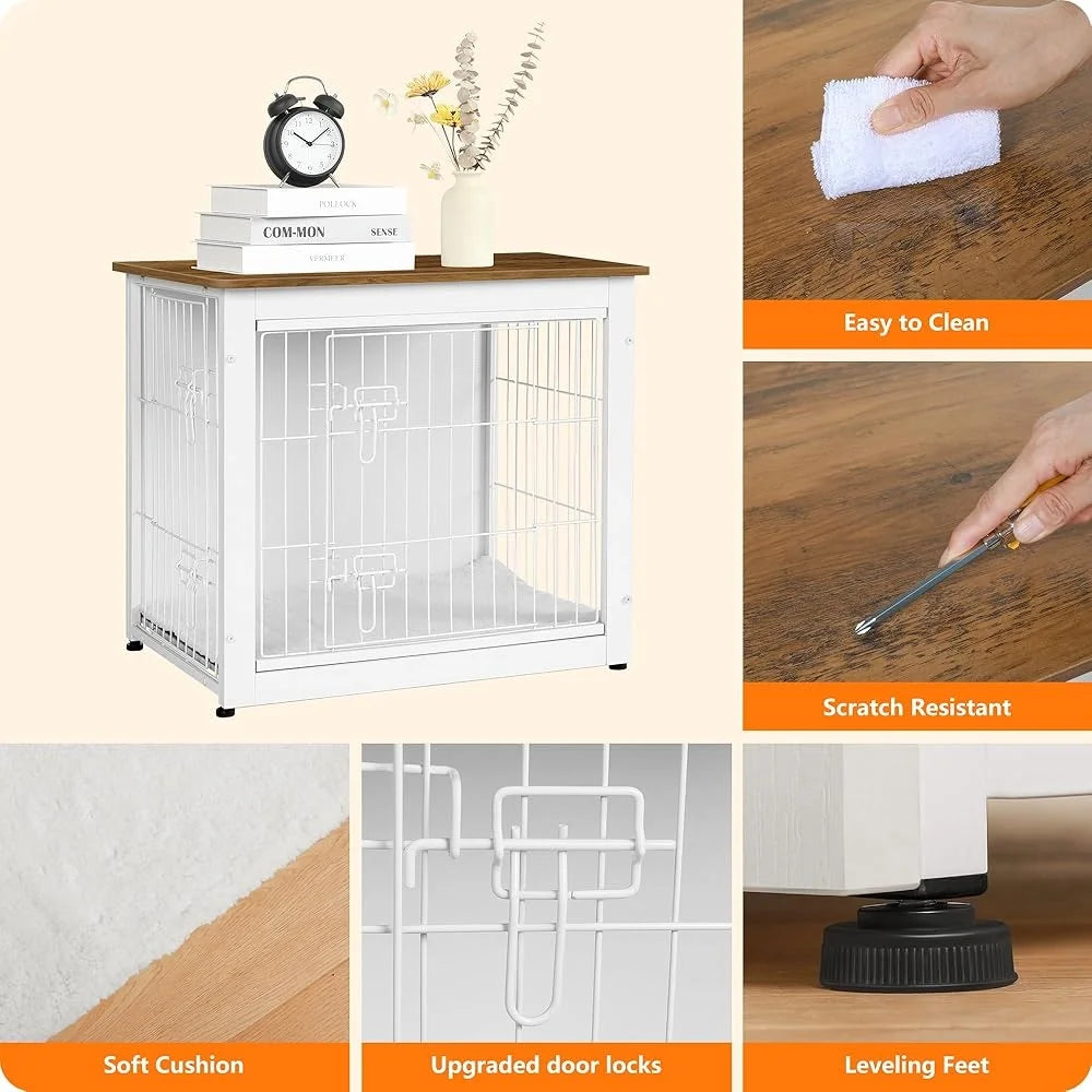 Indoor Wooden Dog Crate Furniture with Cushion Double Door Chew Resistant Stable Design