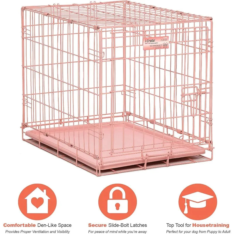 Secure Foldable Pink Metal Dog Crate with Divider Panel