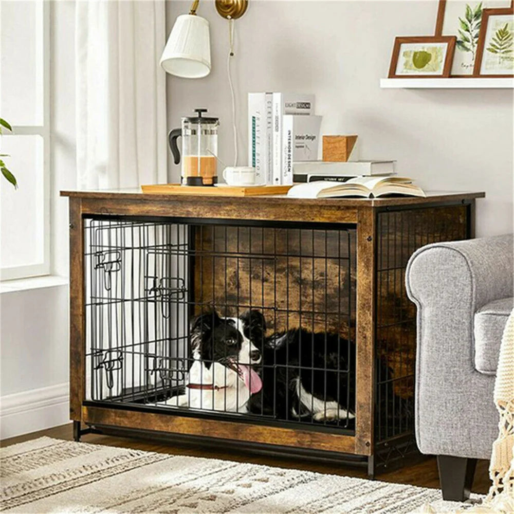 Elevated Wooden Dog Crate and Stylish Side Table Combo